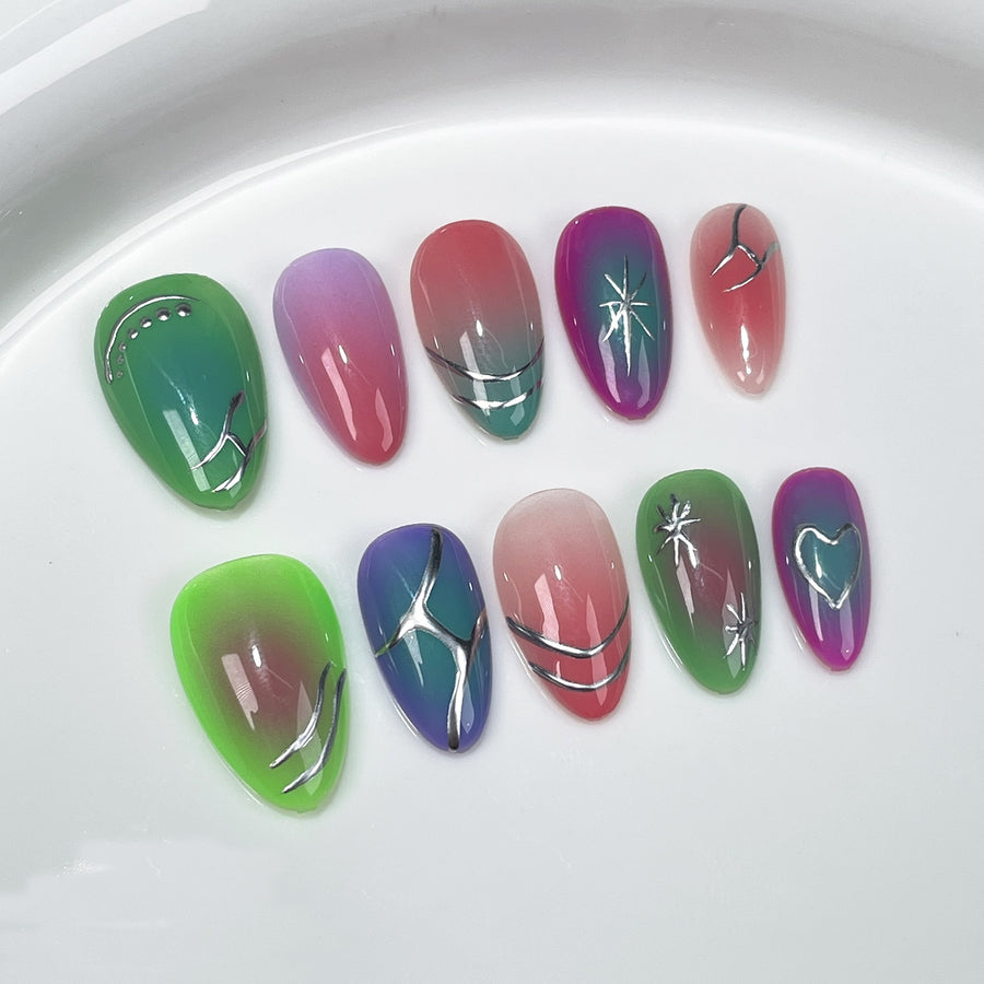 Neon Gradient Nails with Chrome Line Art Accents