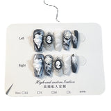 Uñas postizas hechas a mano, diseño barroco de ángel y camelia, con parches, estilo oscuro, mediano y largo, venta al por mayor | 365nails