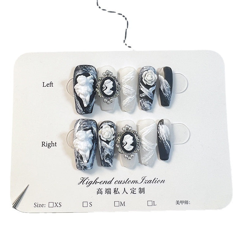 Uñas postizas hechas a mano, diseño barroco de ángel y camelia, con parches, estilo oscuro, mediano y largo, venta al por mayor | 365nails