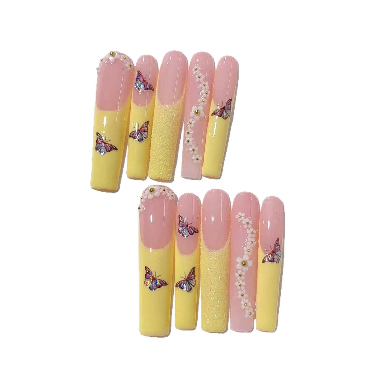 365nails: "Fleur Marguerite Papillon" – Ongles press-on extra longs forme carrée, french rose-jaune, faits main