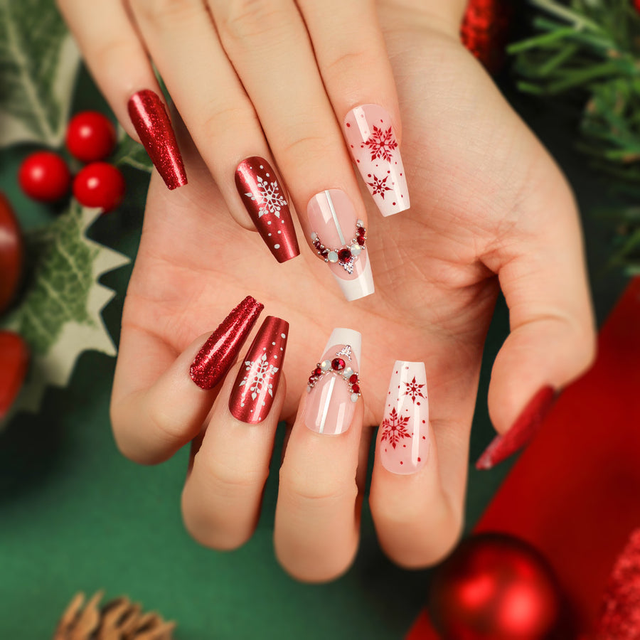 Parche de uñas postizas con copos de nieve navideños, desmontable, para presionar, para manicura, producto terminado, venta al por mayor de fábrica | 365nails