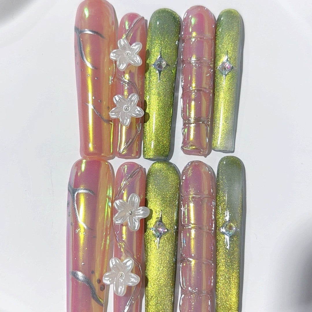Neon Green Holographic Floral Statement Press On Nails