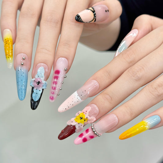 Purely hand-carved  big flower summer manicure advanced light luxury press on nails | 365nails