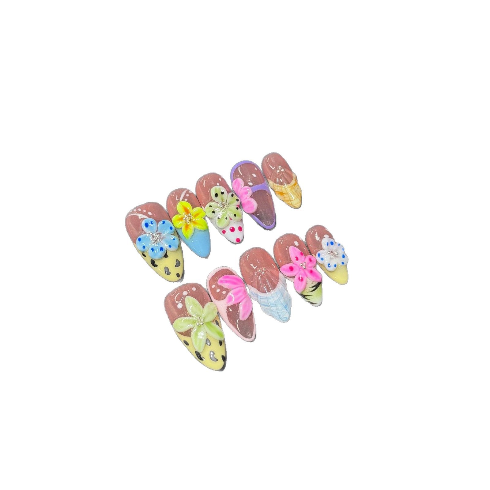 365nails : « Jardin de papillons » – 3D Floral et Papillon – Ongles forme amande faits main