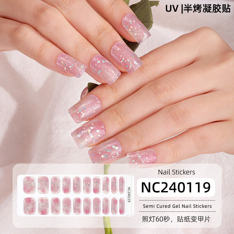 Semi-Cured Gel Nail Strips French Glitter Pink Sparkle Glossy Set (MOQ=3)