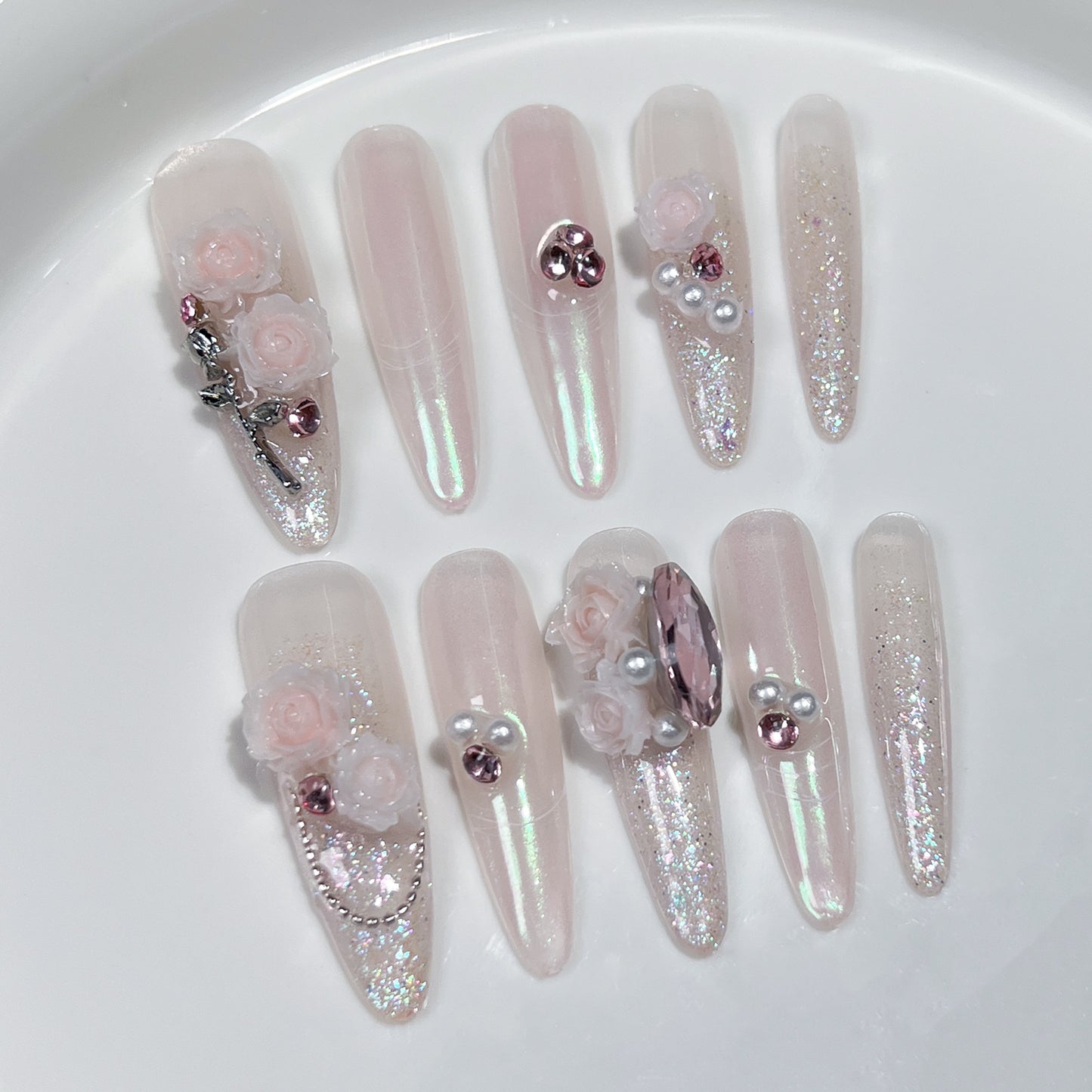Unhas feitas à mão com rosas, canção de amor, fada do vento, desejo puro, temperamento suave, elegante, arte de unhas longas ｜ 365nails