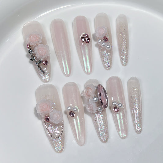Unhas feitas à mão com rosas, canção de amor, fada do vento, desejo puro, temperamento suave, elegante, arte de unhas longas ｜ 365nails