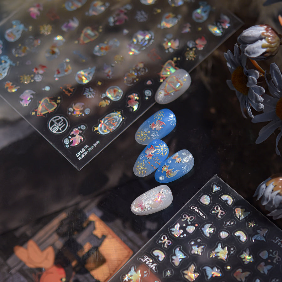 Koi & Floral Bottle Collection: "Aurora Koi" – 3D Holographic Nail Sticker
