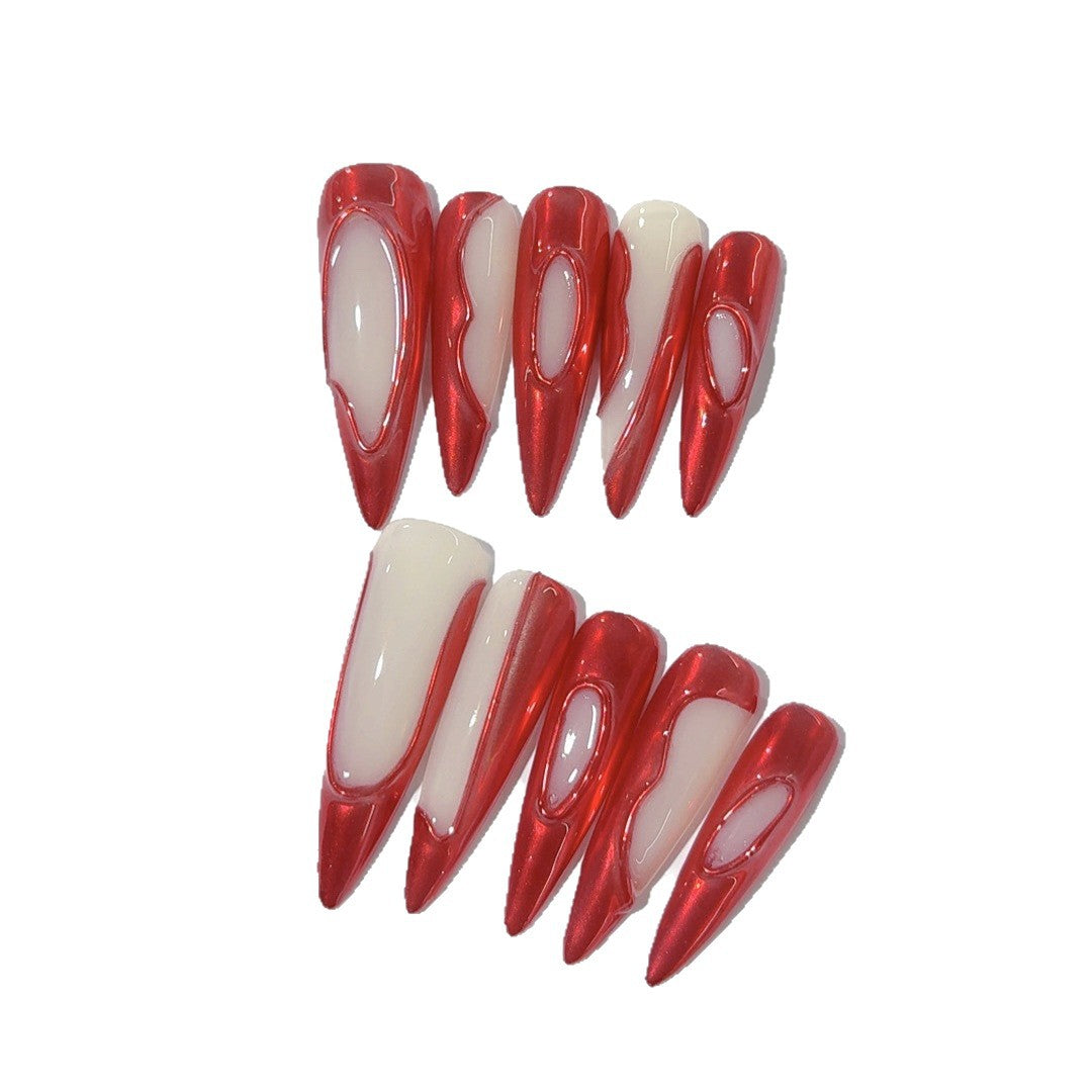365nails: "Bord de Flamme Cramoisie" – Ongles press-on longs forme stiletto, rouge métallique creux, faits main