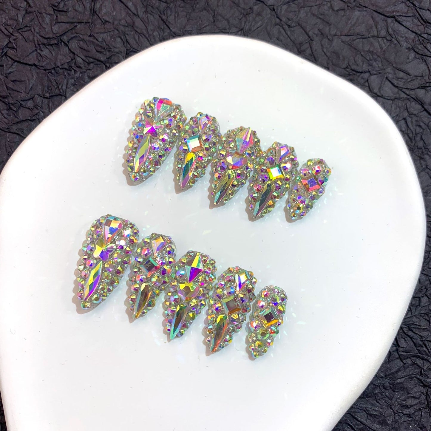 Iridescent AB Crystal Nails with Full Sparkle Glam Look
