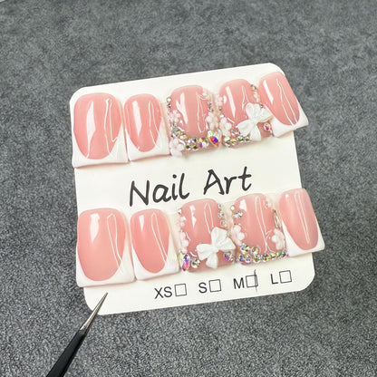Unhas postiças artesanais com estampa de bico de pato e laço doce francês, unhas postiças de pressão feitas à mão, atacado de fábrica, 365 unhas