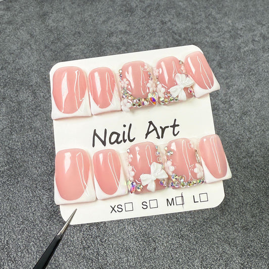 Unhas postiças artesanais com estampa de bico de pato e laço doce francês, unhas postiças de pressão feitas à mão, atacado de fábrica, 365 unhas
