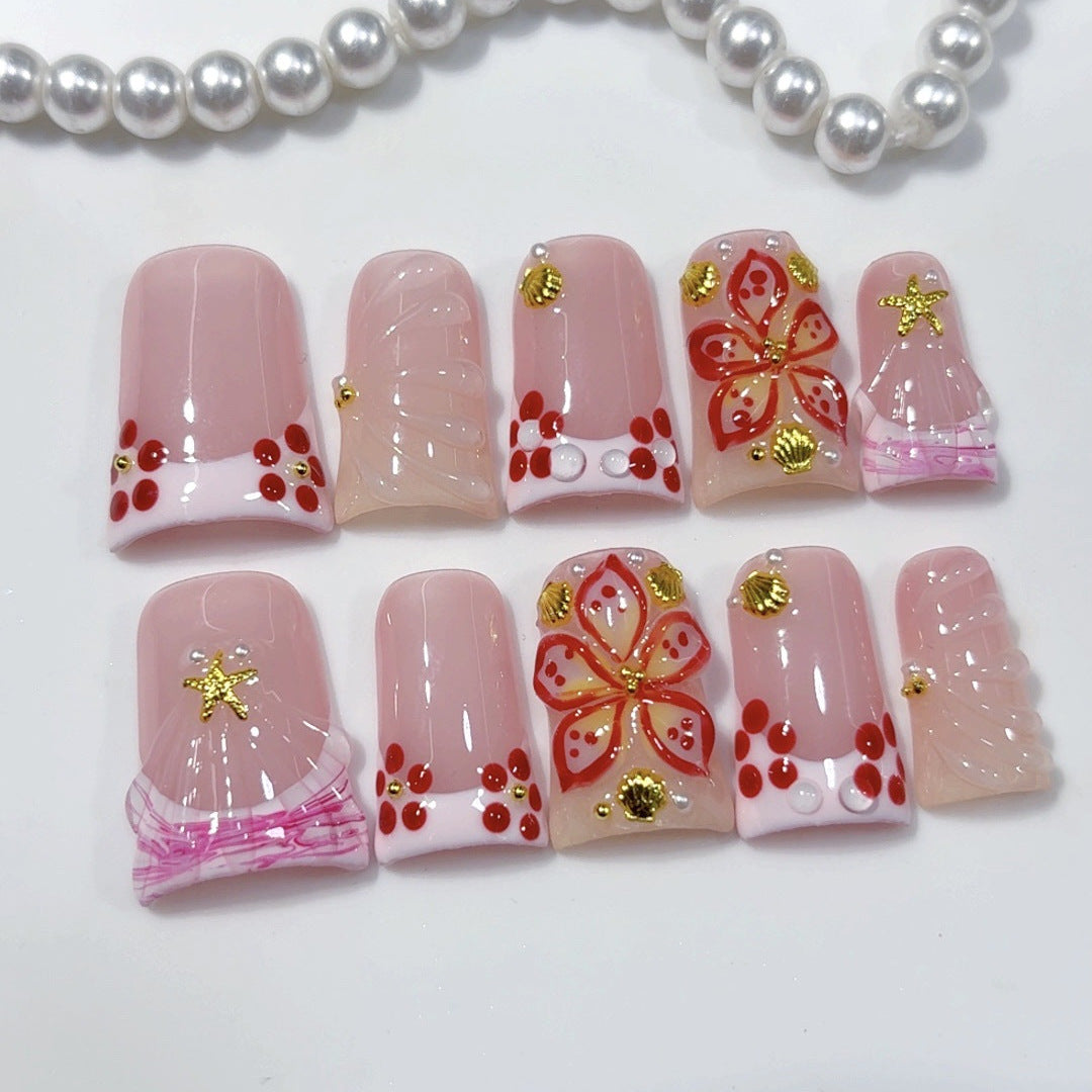 Baie Sakura : « Baie florale rose » – Ongles press-on faits main forme carrée courte