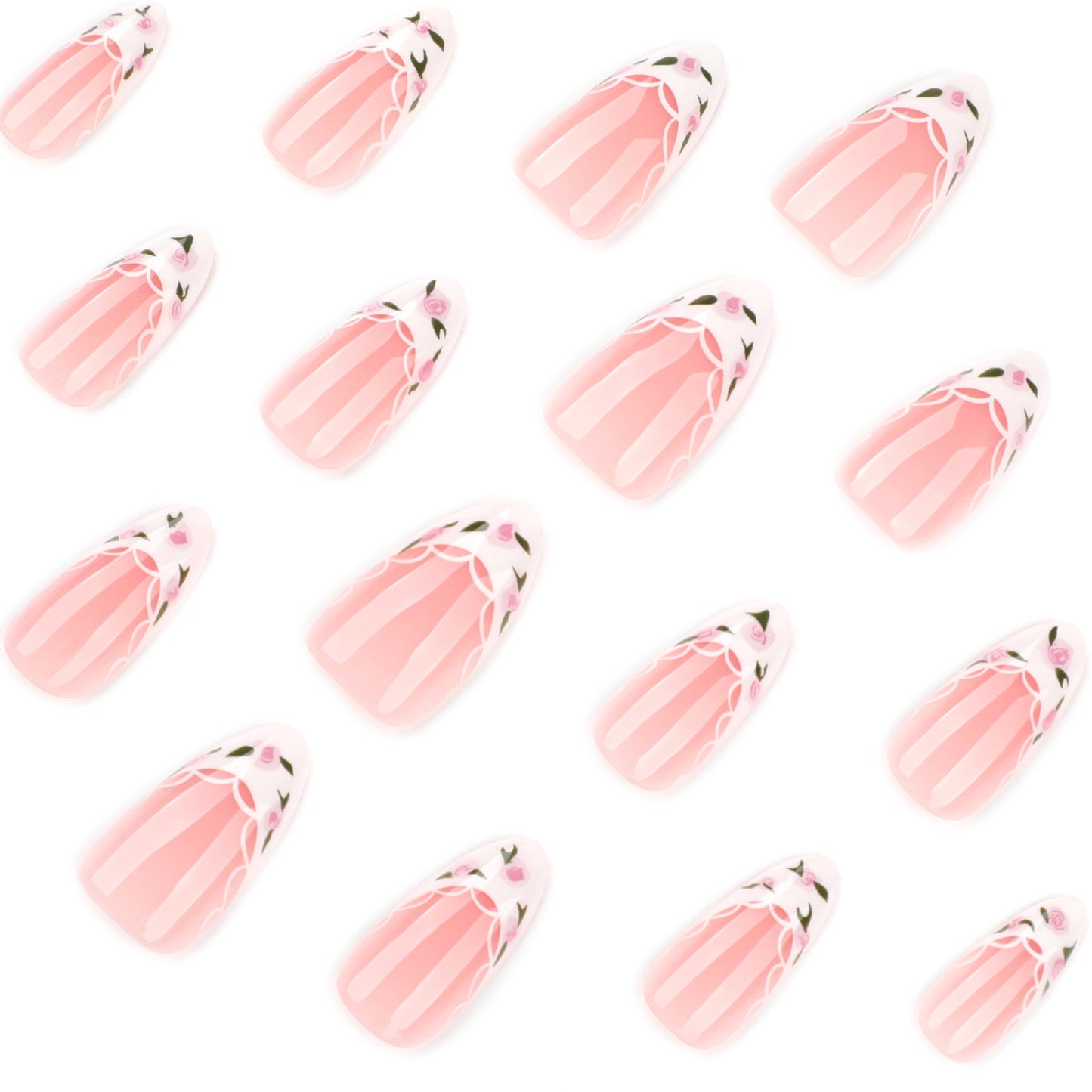 French white fresh green leaf flower  simple manicure fake nail short almond nail ｜365nails
