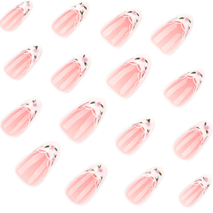French white fresh green leaf flower  simple manicure fake nail short almond nail ｜365nails