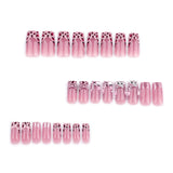 Manicura francesa con estampado de leopardo, destellos de diamante, uñas postizas de gato de dibujos animados, lazo de flores | 365nails