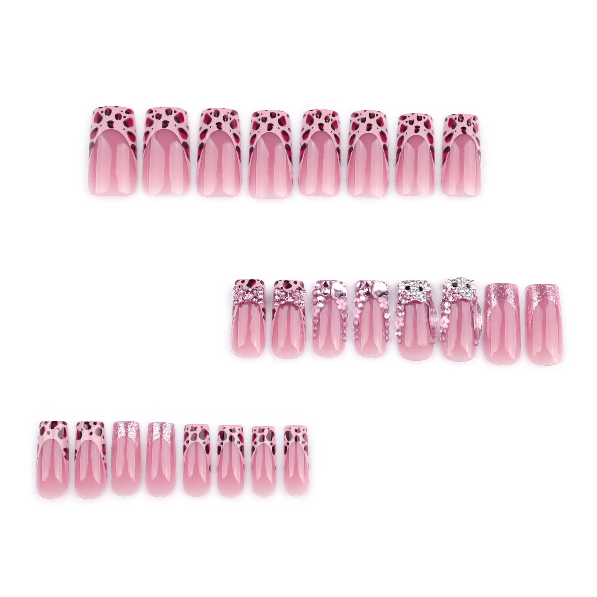 Manicura francesa con estampado de leopardo, destellos de diamante, uñas postizas de gato de dibujos animados, lazo de flores | 365nails