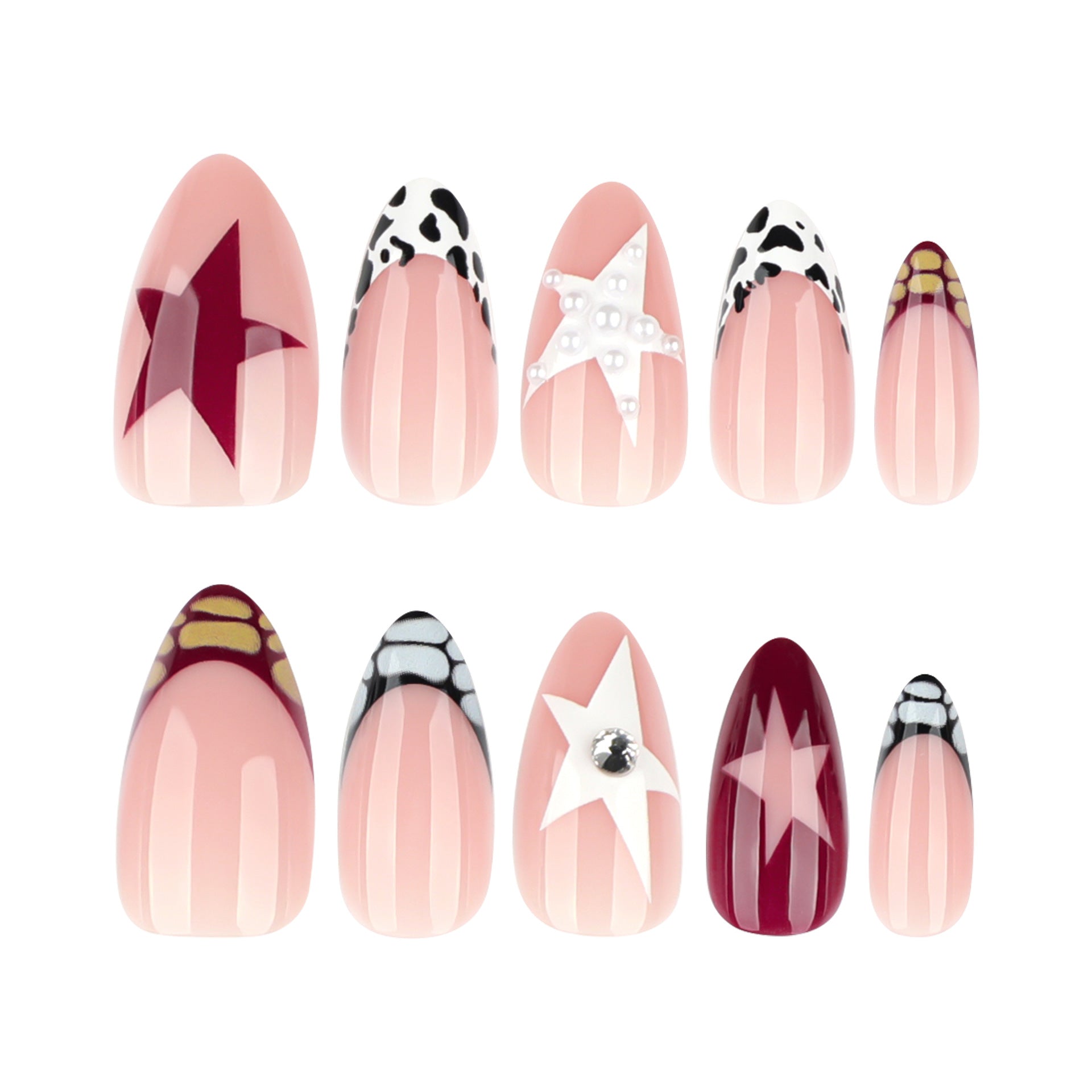 Manicure francesa com estampa de crocodilo e estrela de cinco pontas