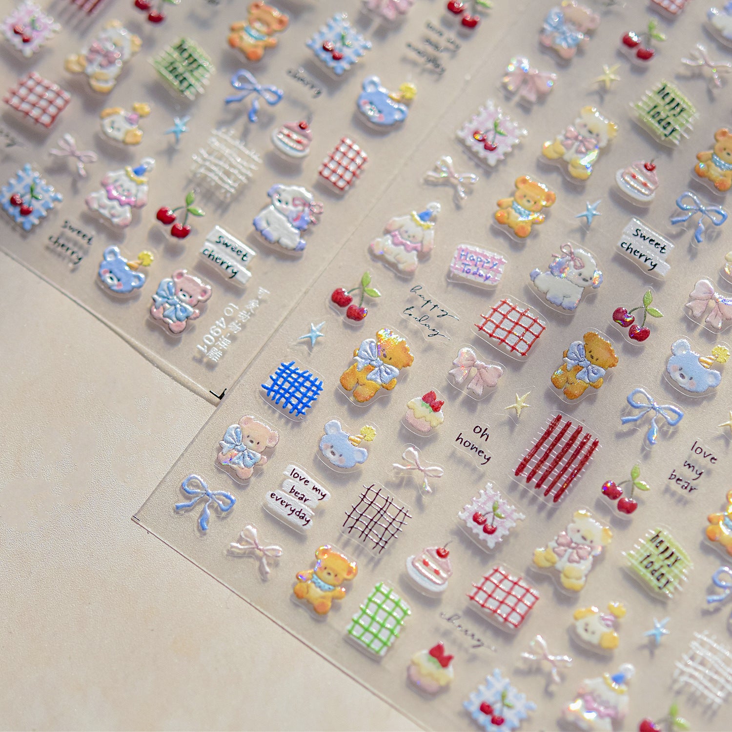 Embossed Teddy Bear & Bunny Nail Stickers – Sweet Cherry Gingham Set