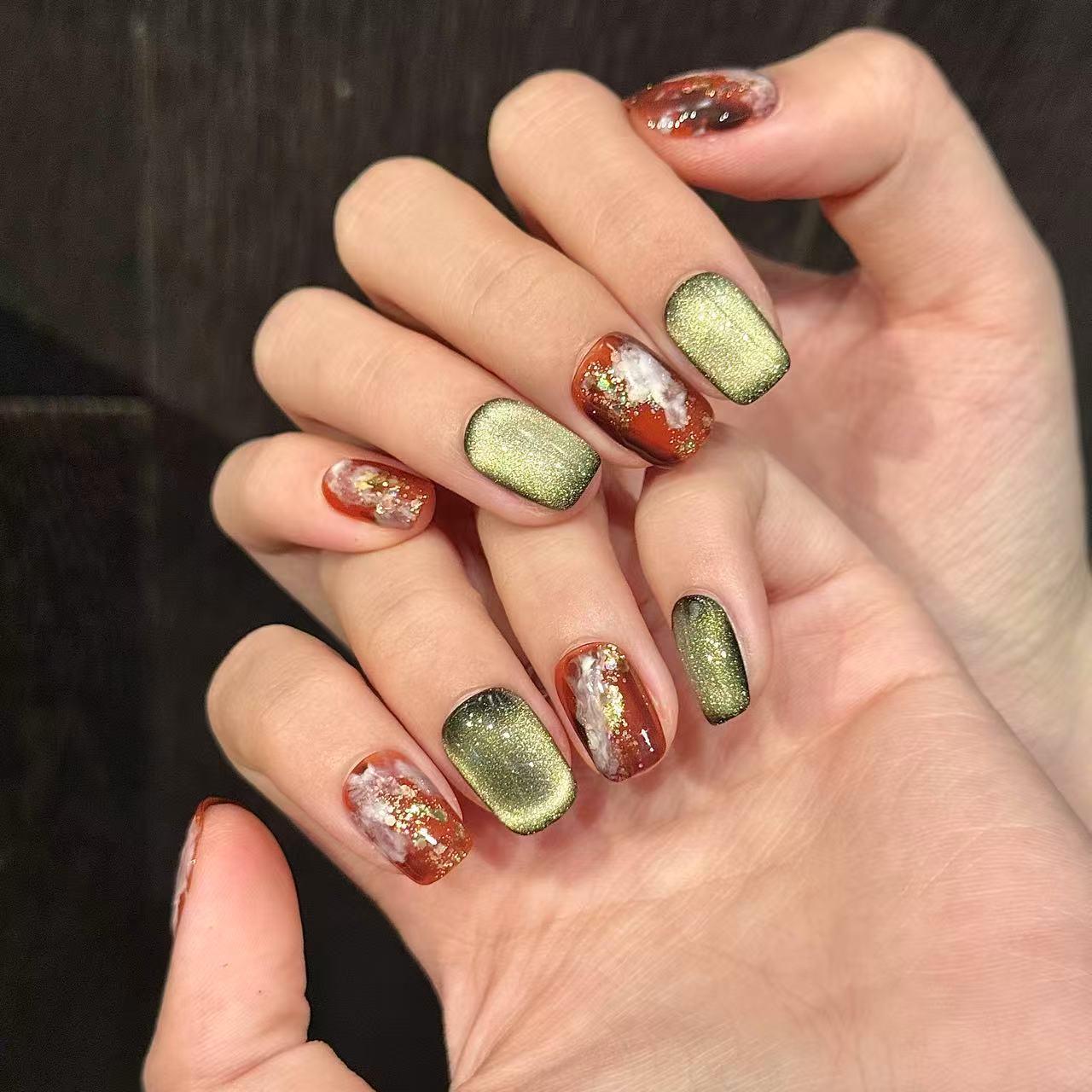 365nails: "Amber Sunset" – Hand-Painted Marble & Gold Foil Short Square Nails
