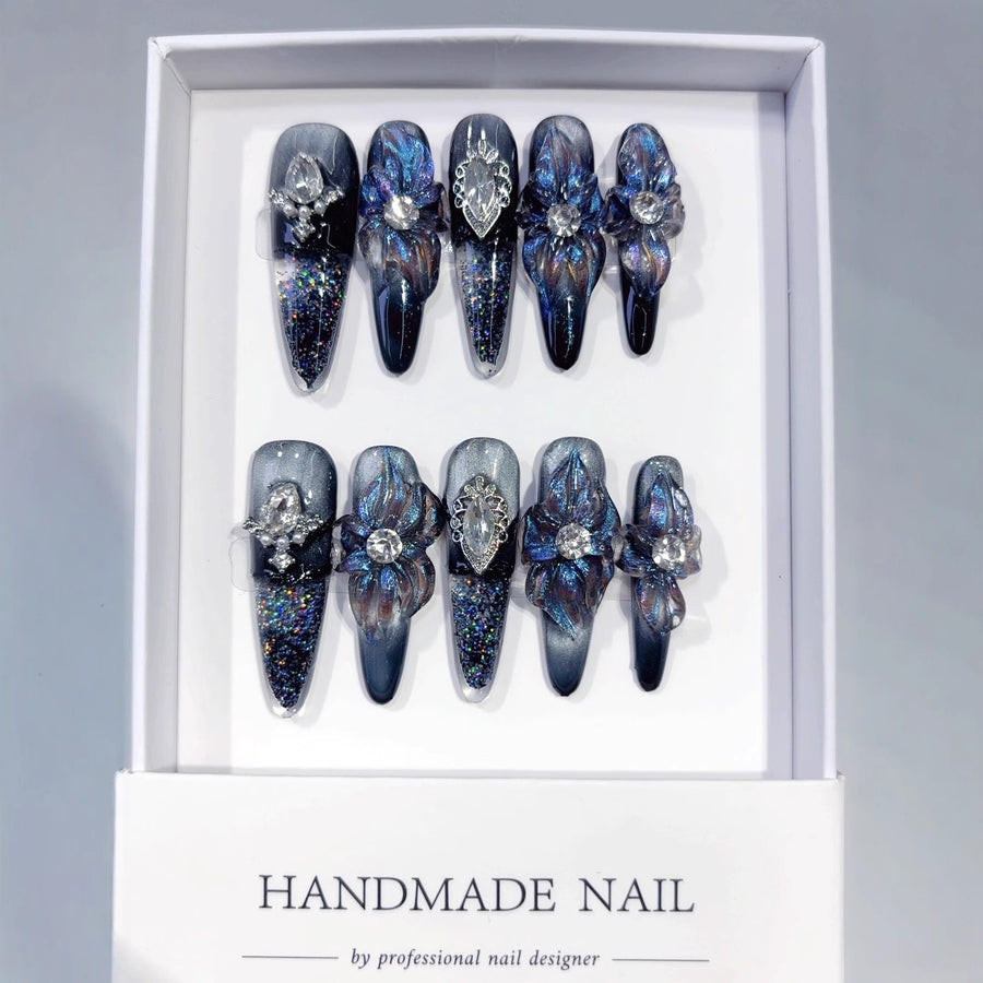 Midnight Enchantment: "Sapphire Bloom" – Long Almond Press-On Nails