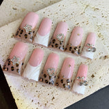 Sweet Pink Leopard Heart Crystal Press On Nails