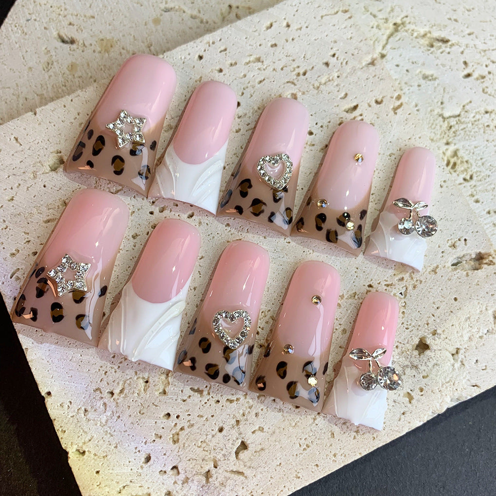 Sweet Pink Leopard Heart Crystal Press On Nails