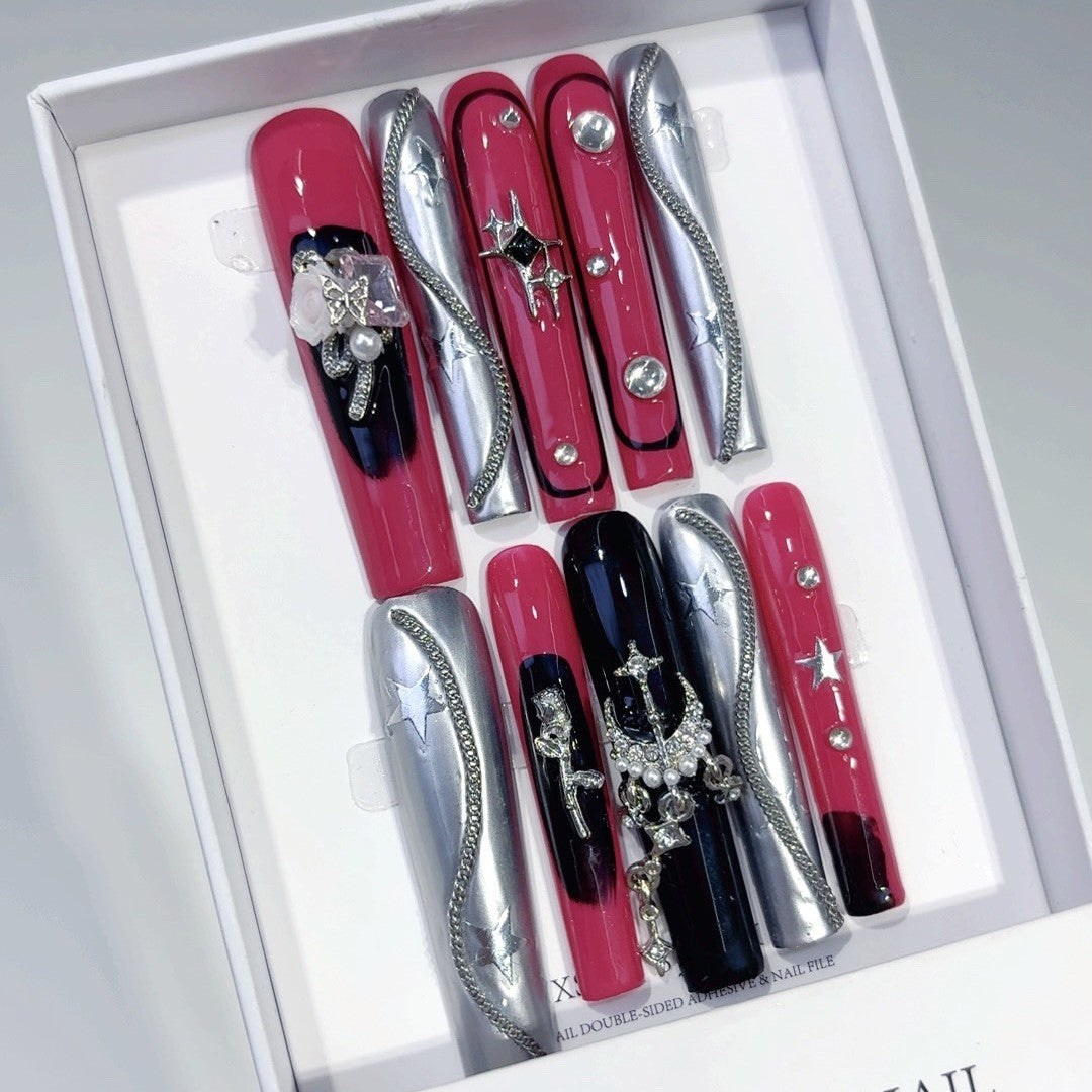 Red Silver Metallic Cross Statement Press On Nails