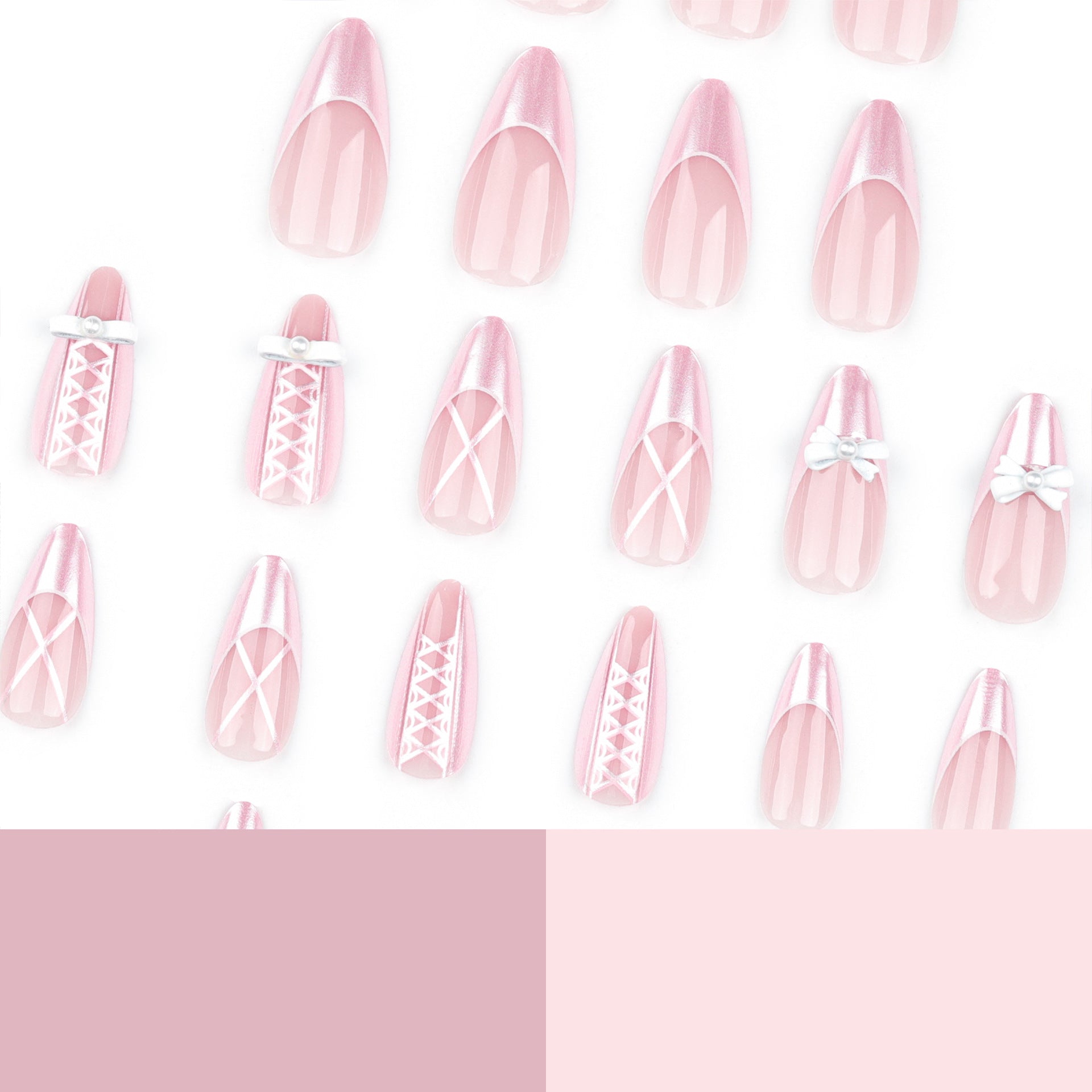 可穿戴 甜美女孩粉色法式 蝴蝶結珍珠錯落 杏仁形 批發｜365nails