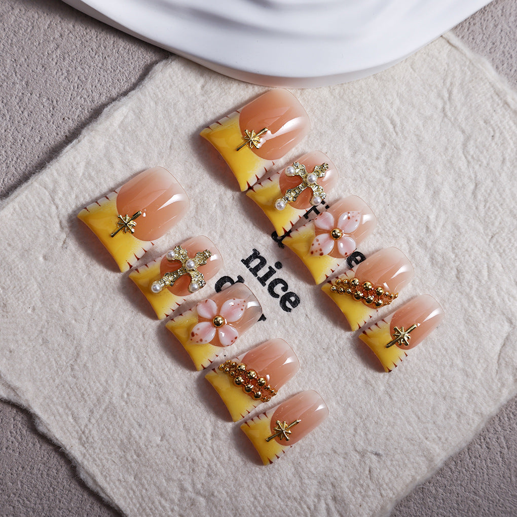 Apricot Yellow Duckbill Cross Accent Press On Nails