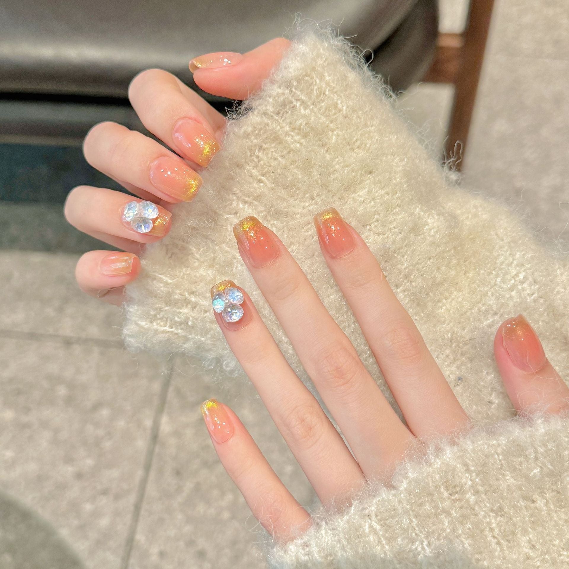 365nails: "Sunset Aura" – Iridescent Cat Eye & Crystal Flower Handmade Almond Nails