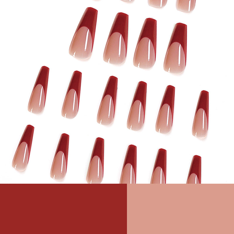 Armadura larga, sencilla, con borde rojo, francesa, con parche de uña blanca, uña terminada｜365nails