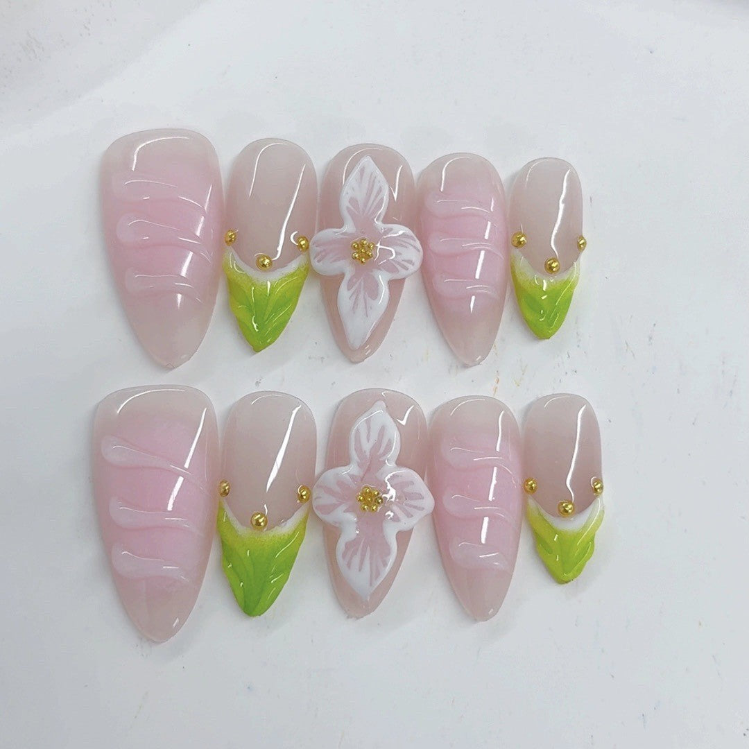 365nails - 百合優雅：粉色百合葉 — 杏仁形 手工製 立體雕刻 穿戴甲