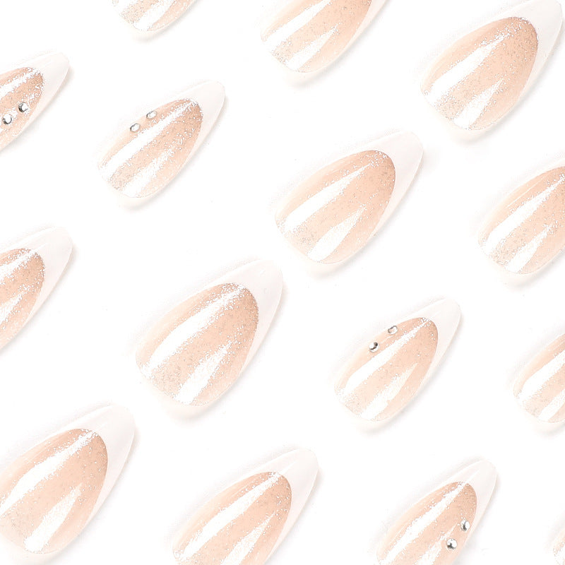 Nail art piece Finished white French silver pentagram white rhinestone nail piece Finished removable advanced nail｜365nails