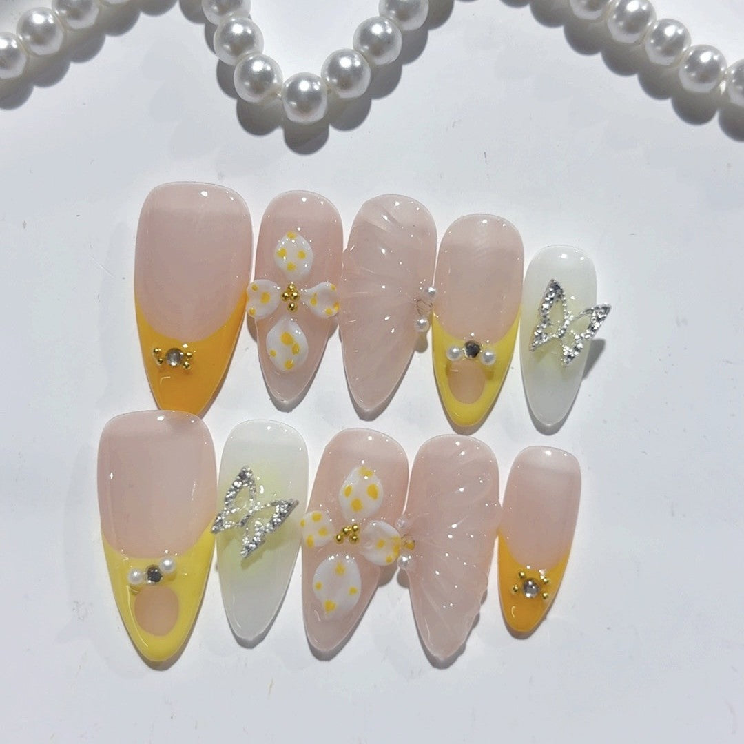 365nails-Lemon Butterfly: "Fresh Floral" – Almond Shape Handmade 3D Carved Press-On Nails