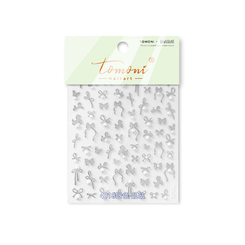 Embossed Bow Nail Stickers – Red & Metallic Pearl Set