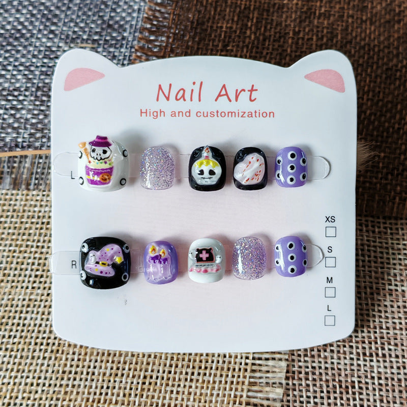 365nails-Série Infantil de Halloween Assustador: "Magia da Caveira Roxa" – Unhas Postiças Infantis Curtas Quadradas