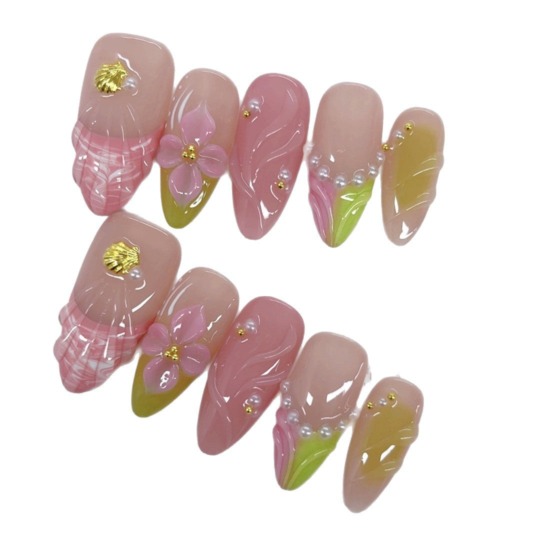 Mermaid Shell Floral: "Pink & Pearl" – Almond Press-On Nails