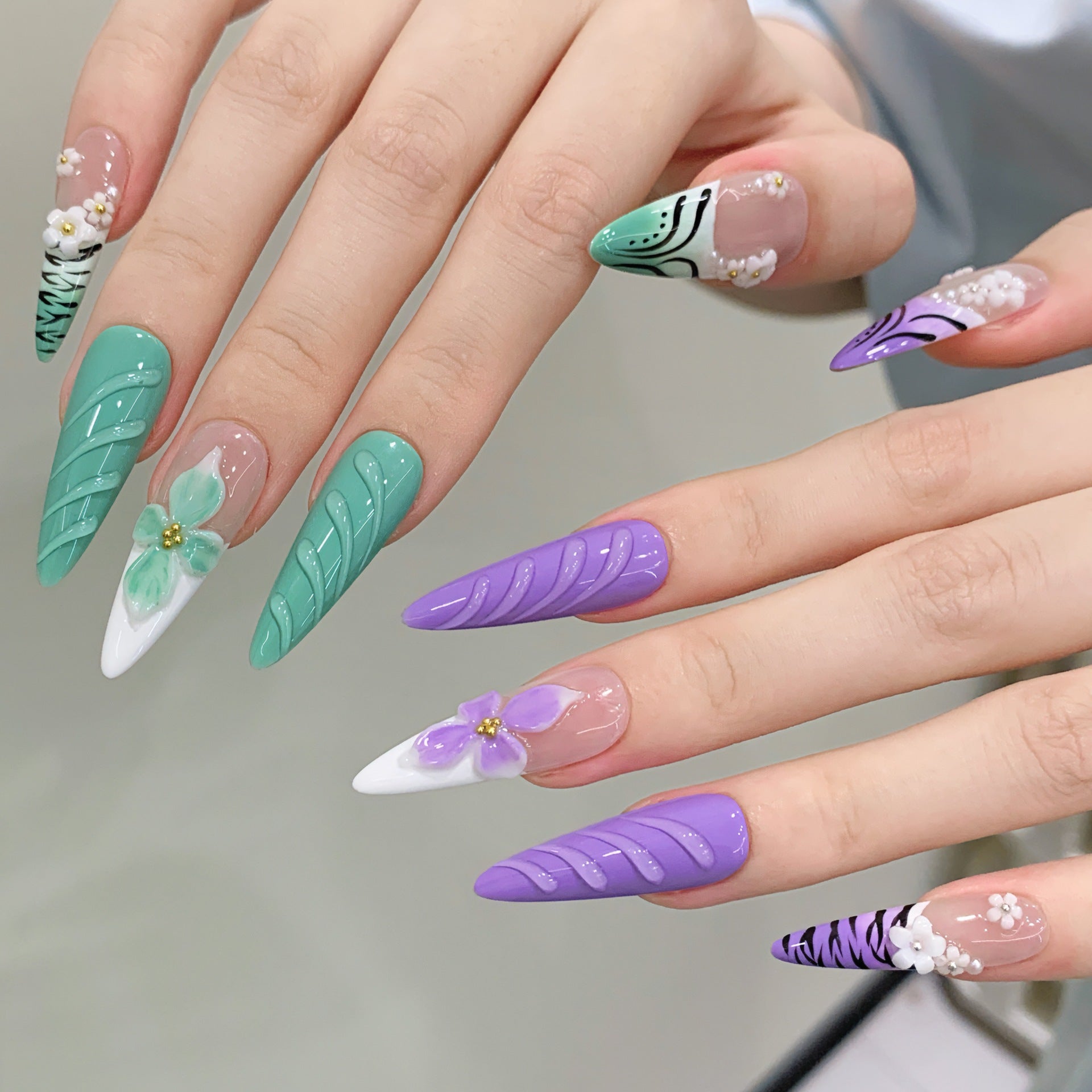 365nails: "Mystic Garden" – 3D Floral & Abstract Art Handmade Long Stiletto Nails
