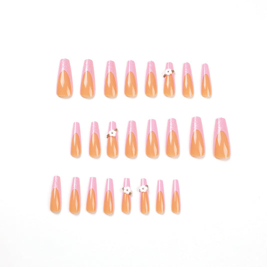 Wholesale of finished nail pads Wearing armor, French pink glitter, small flowers and small gold beads, nail pads with fake nails｜365nails