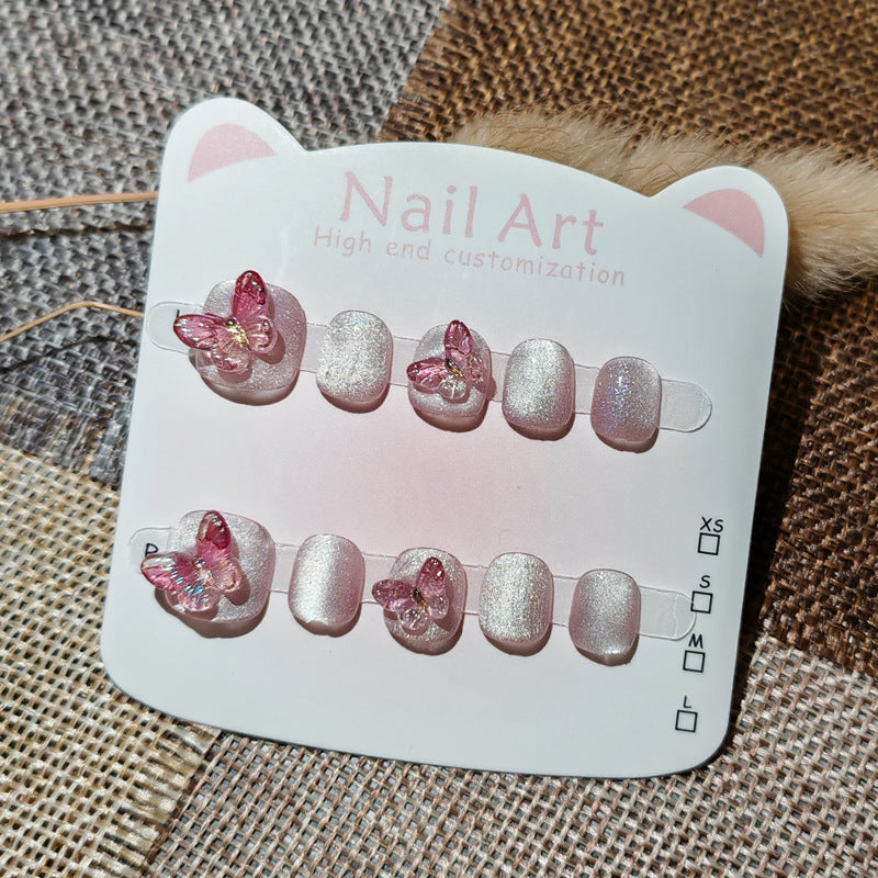 365nails:「極光粉蝴蝶」短款方圓形手工製兒童穿戴甲