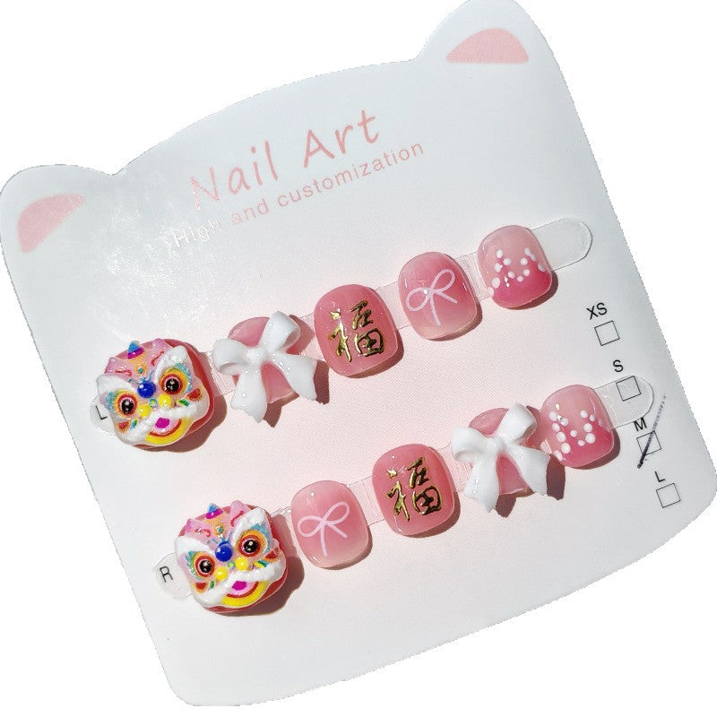 365nails: "pink lucky lion dance" – short round handmade kids press-on nails
