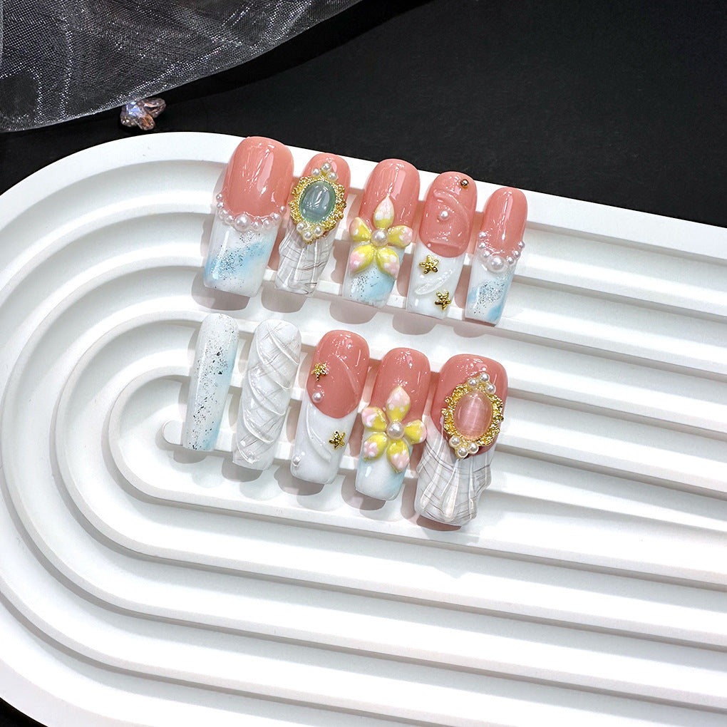 Pearl Floral Ocean Marble French Press On Nails