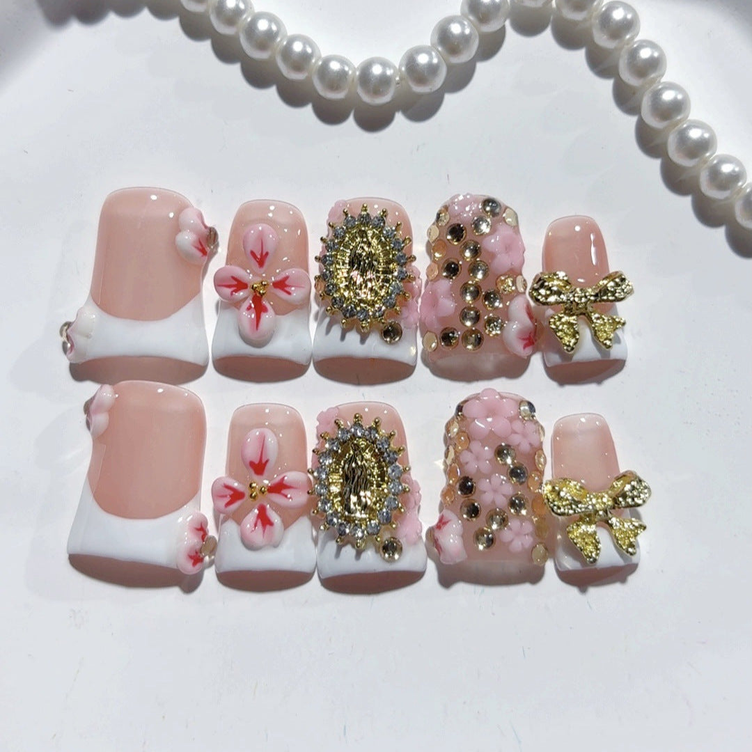 Vintage Luxury: "Blossom Regal" – Short Square Nude & Pink Floral Handmade Press-On