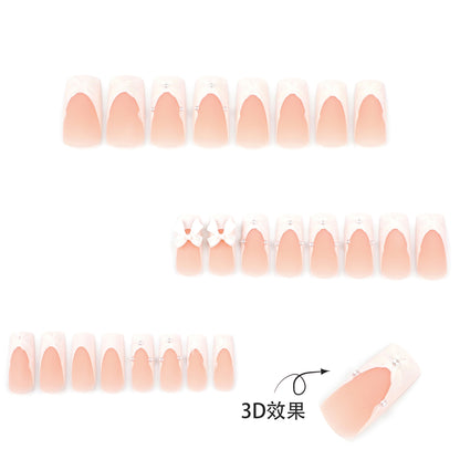 Unhas postiças removíveis com laço tridimensional, unhas médias e longas quadradas com flor 3D branca francesa fosca ｜ 365nails