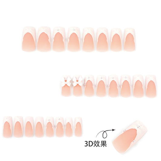 Frosted French White 3D Flower Wear Nail Medium and Long Square Nail Art Three-dimensional Bow Removable Fake Nails｜365nails