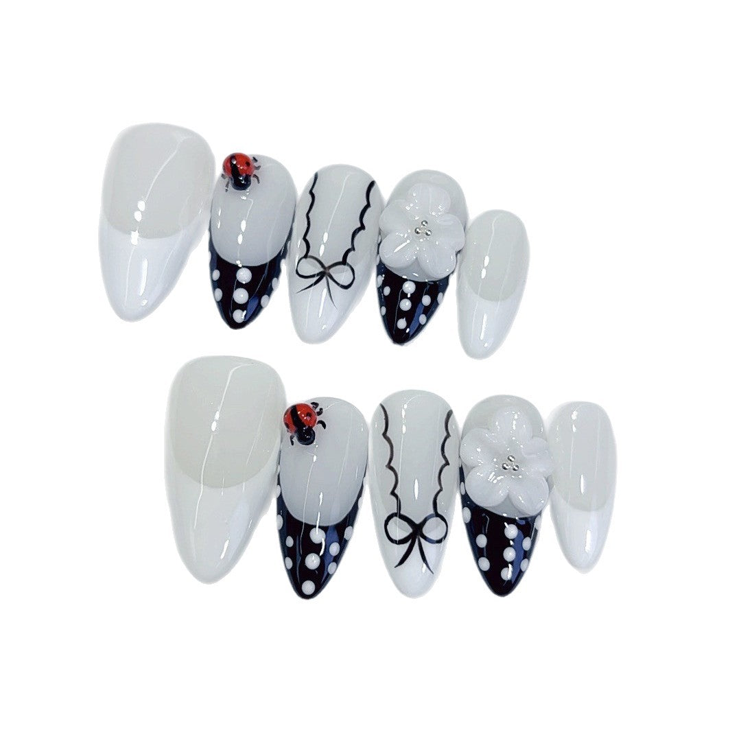 Ladybug Elegance: "Monochrome Floral" – Almond Press-On Nails