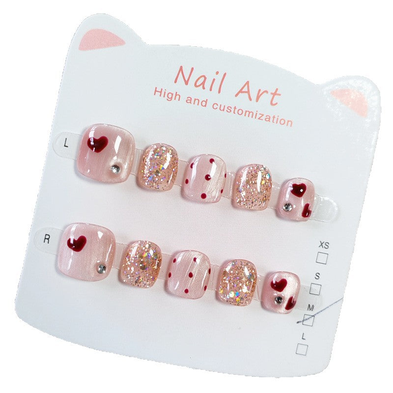 365nails: "ruby heart sparkle" – short wide handmade kids press-on nails