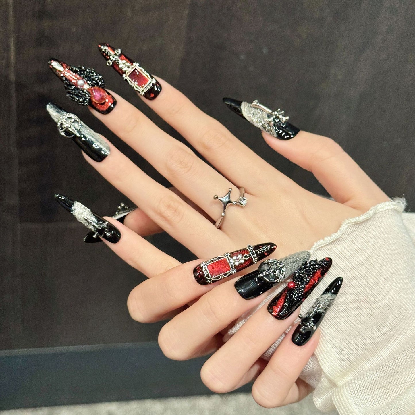 Gothic Red Black Cross Metal Charm Press On Nails