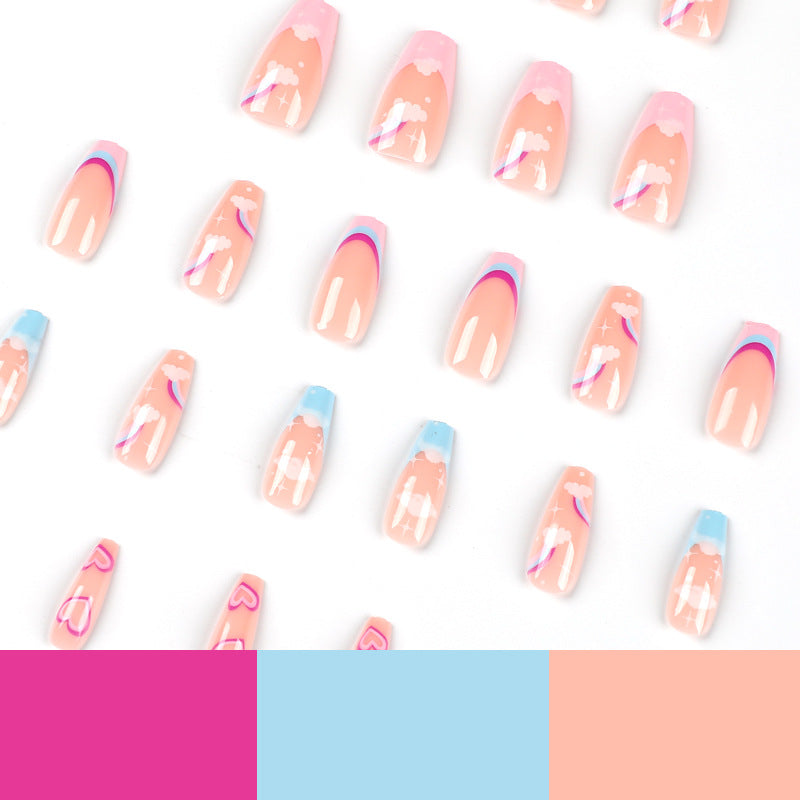 Pressione em Rainbow Cloud Multicolor French Edge Love Pressione em unhas Atacado Unhas Removíveis ｜ 365nails